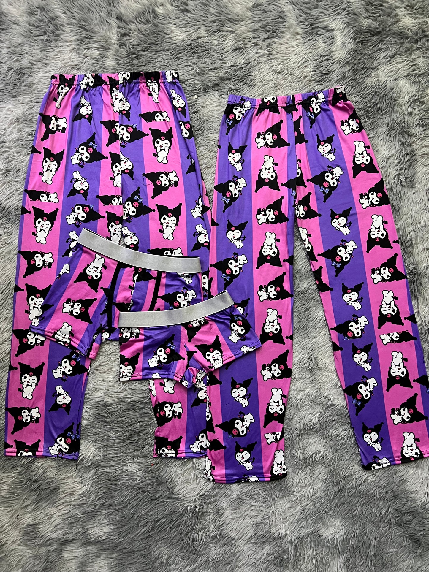 Kuromi purple/pink stripes background boxer and boxer 5 pcs pajama duo