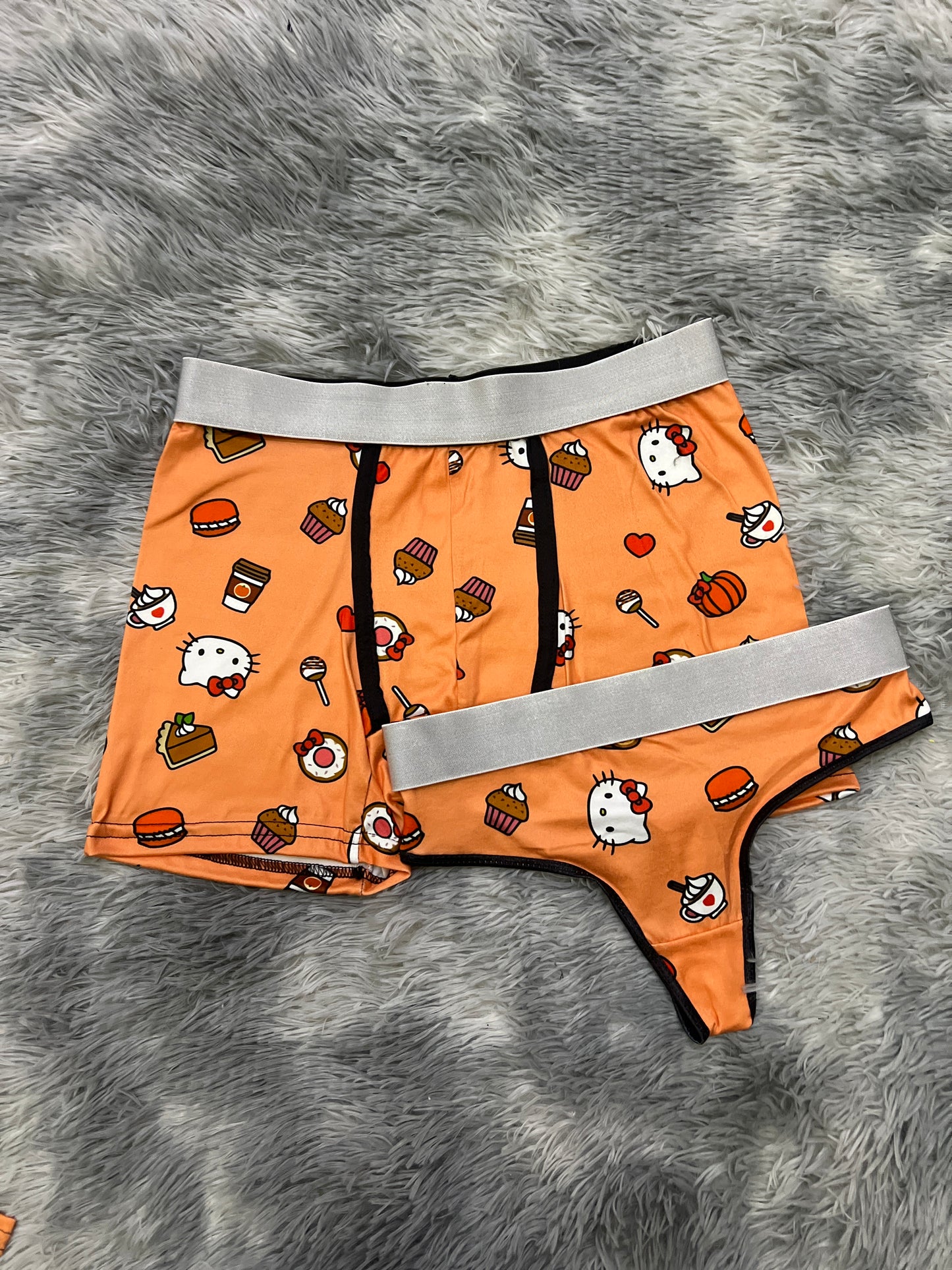 Kitty with pancakes, donut, coffee, cake, popsicles orange background matching underwear