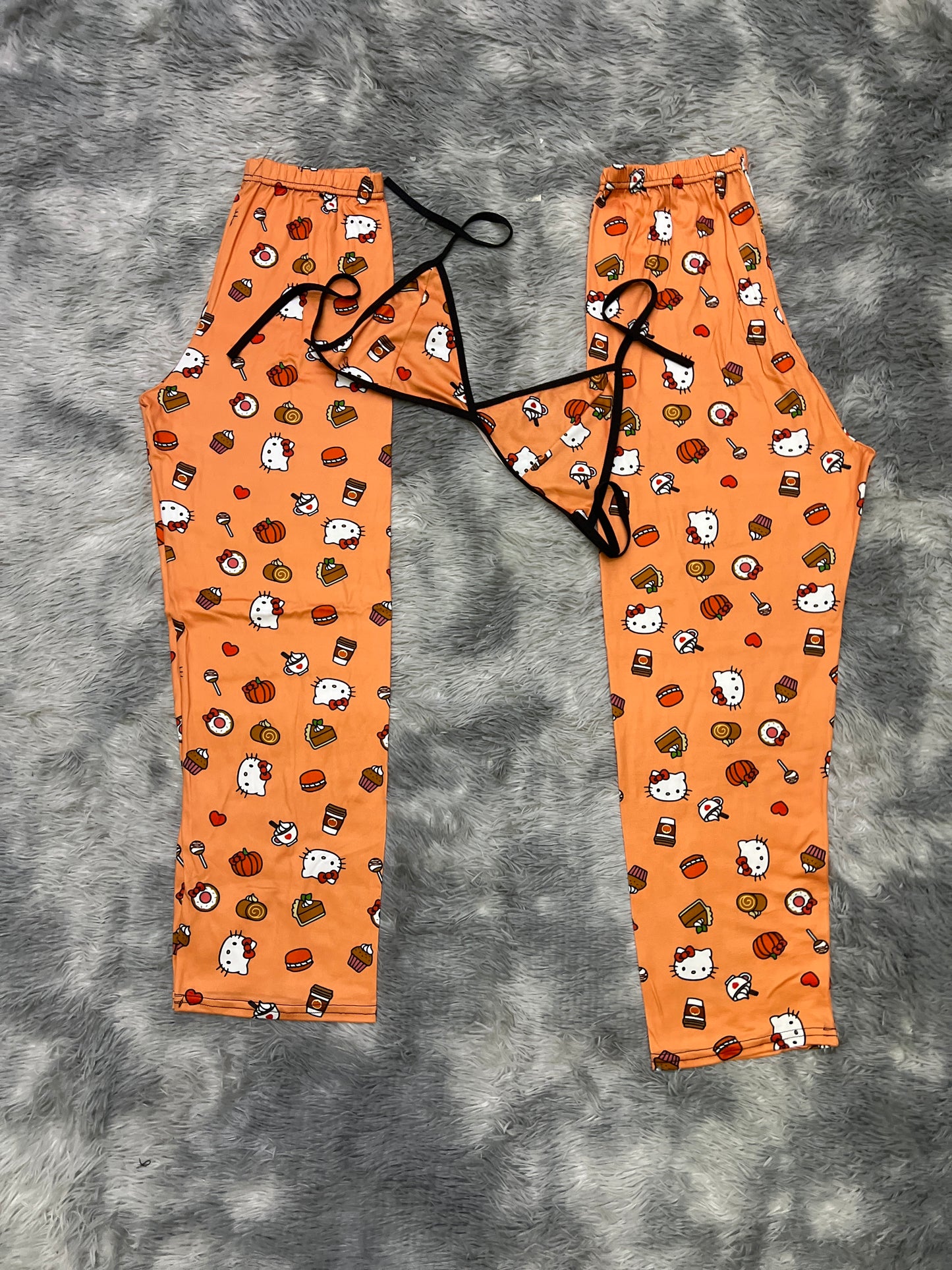 Kitty with pancakes, donut, coffee, cake, popsicles orange background Plush pajama duo