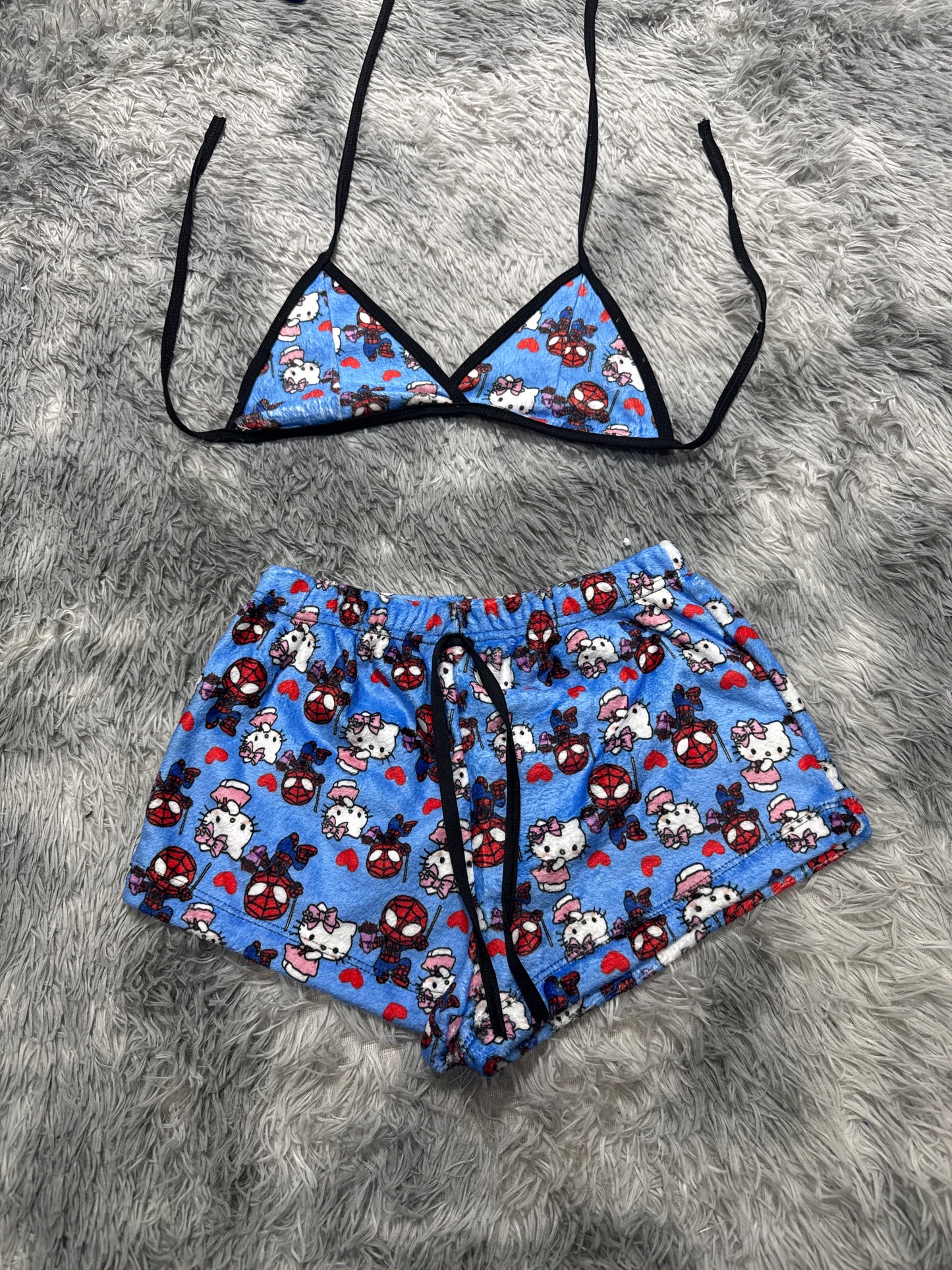 Kitty And Spider-Man Background Blue Matching Top & Short - Fundies