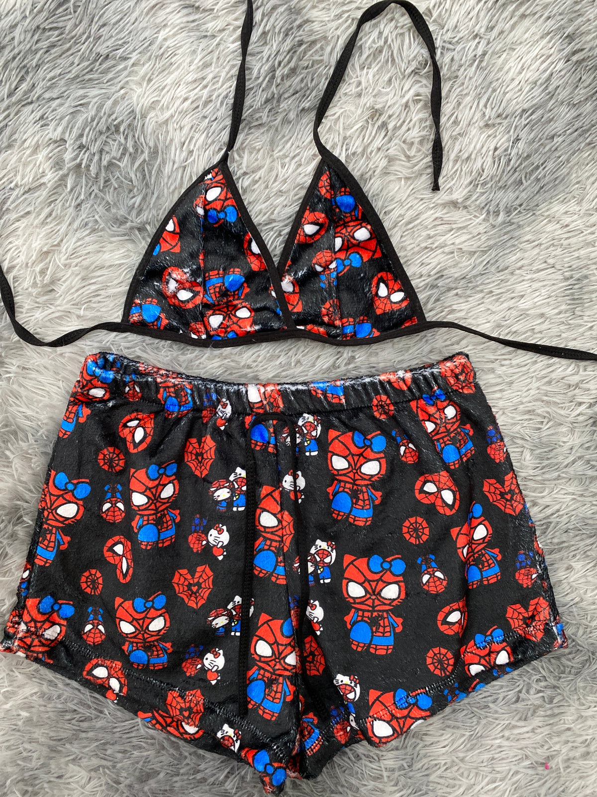 SpiderKitty Black Background Top And Short - Plush