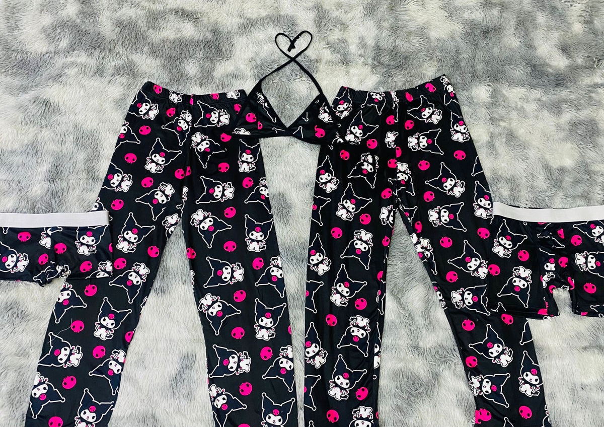 Kuromy Skulls Pink Black Background 5 Piece PJ Set