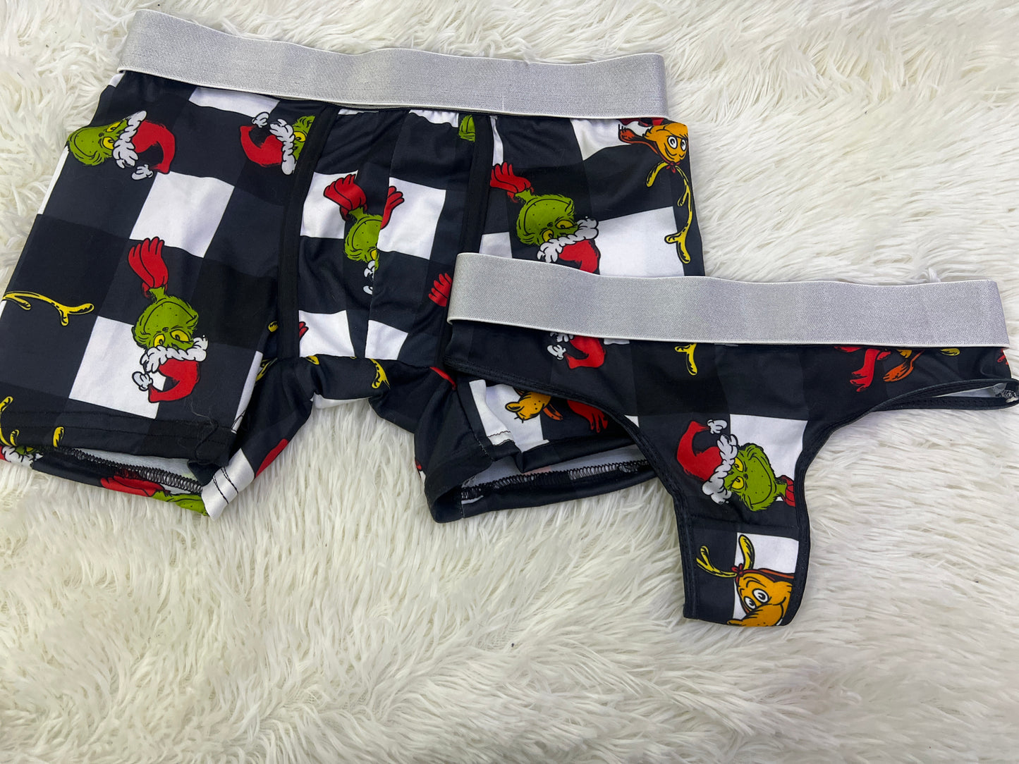 Grinch white squares matching couples underwear christmas