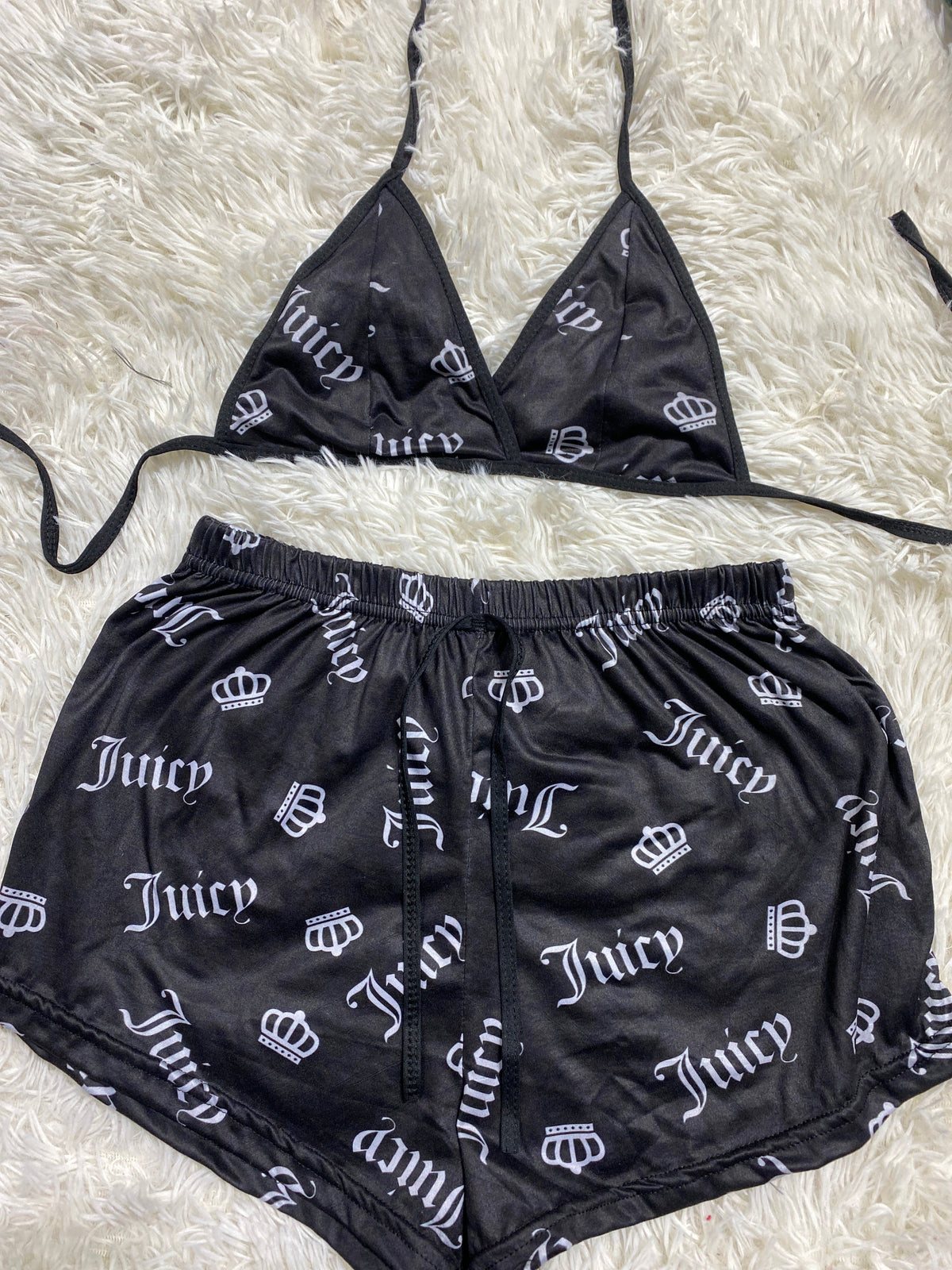 Juicy Gray Letters Black Background Matching Top & Short