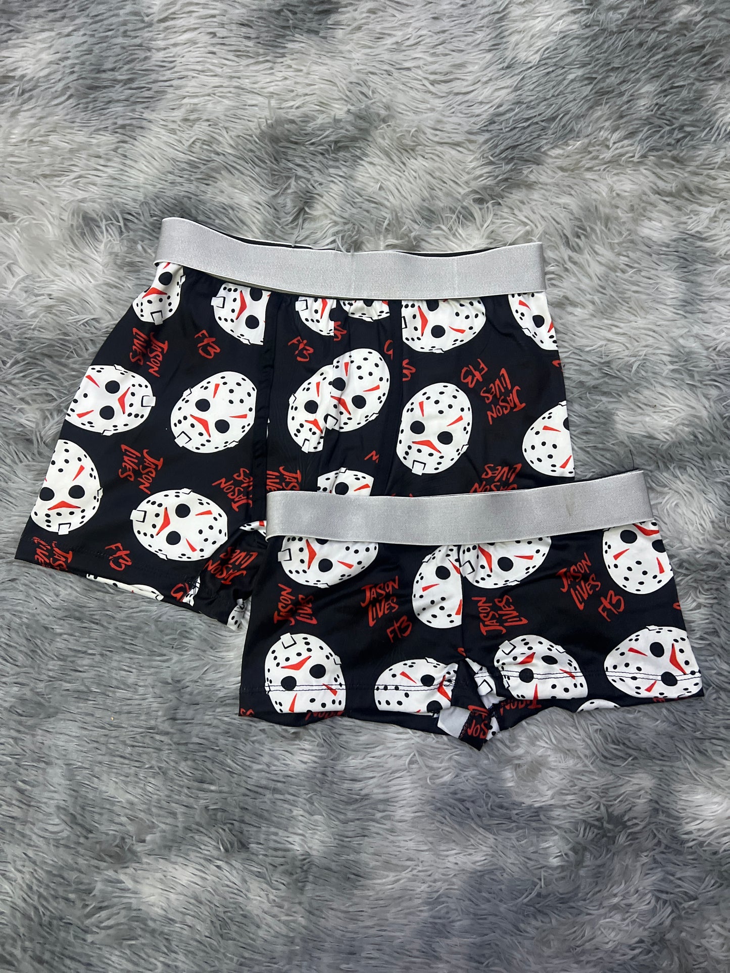 Jason Levi f13 black background matching couples boxer underwear Halloween