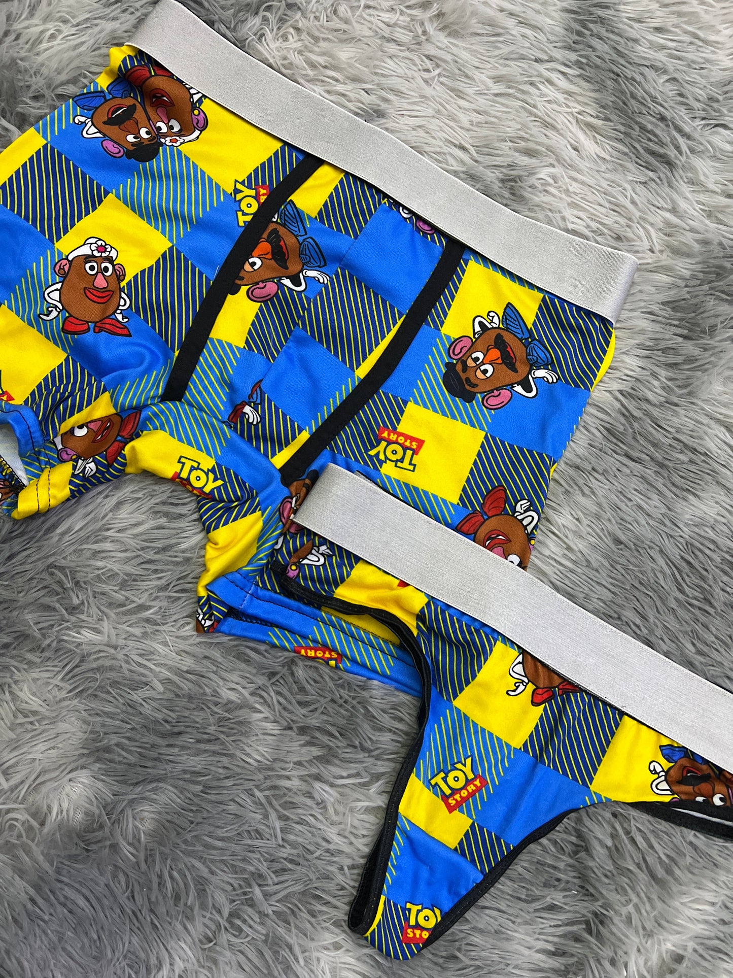 Matching boxer shorts and thong set with Mr. and Mrs. Potato Head print, comfy duos ๐๐