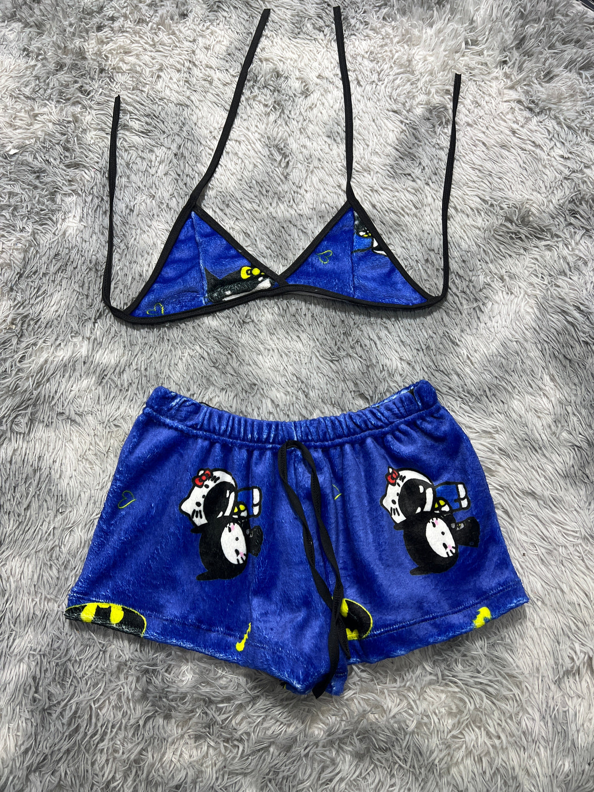 Kitty & Bat Man Blue Background Top And Short - Plush