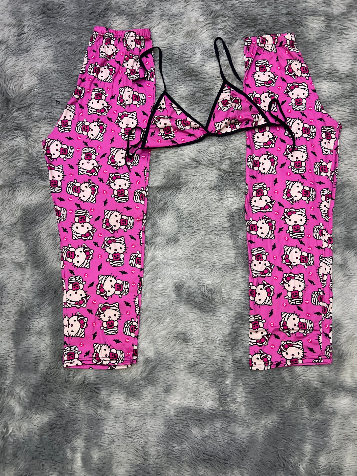 Kitty mommy pink background Halloween Plush pajama duo