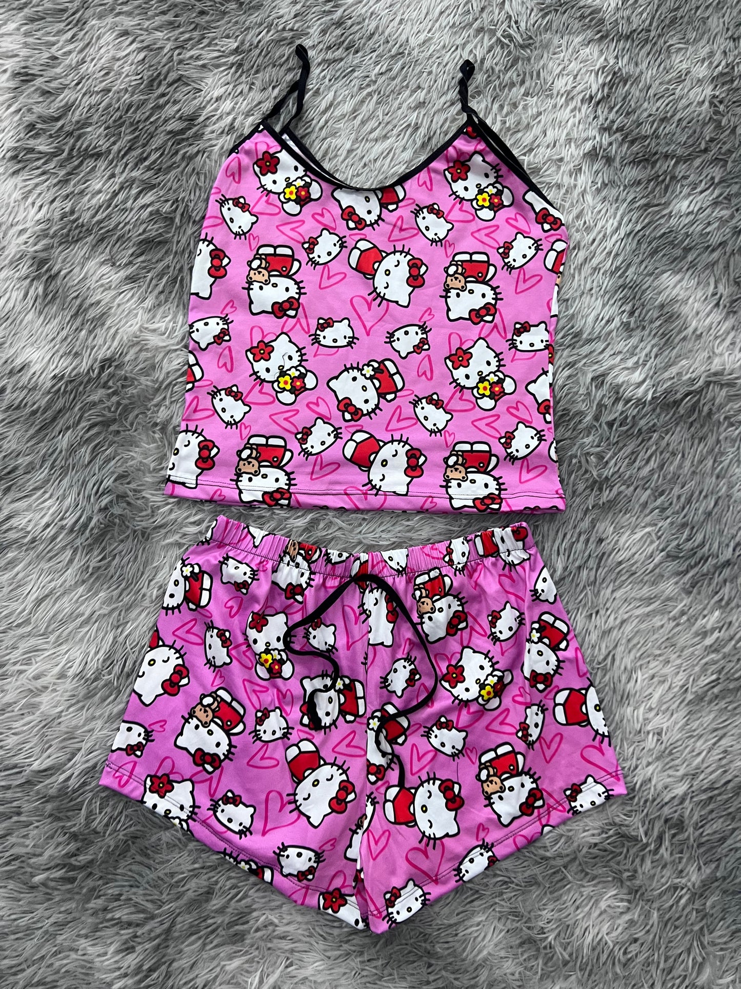 Hello Kitty With Plush Background Of Hearts Brush Matching Top & Short - Fundies