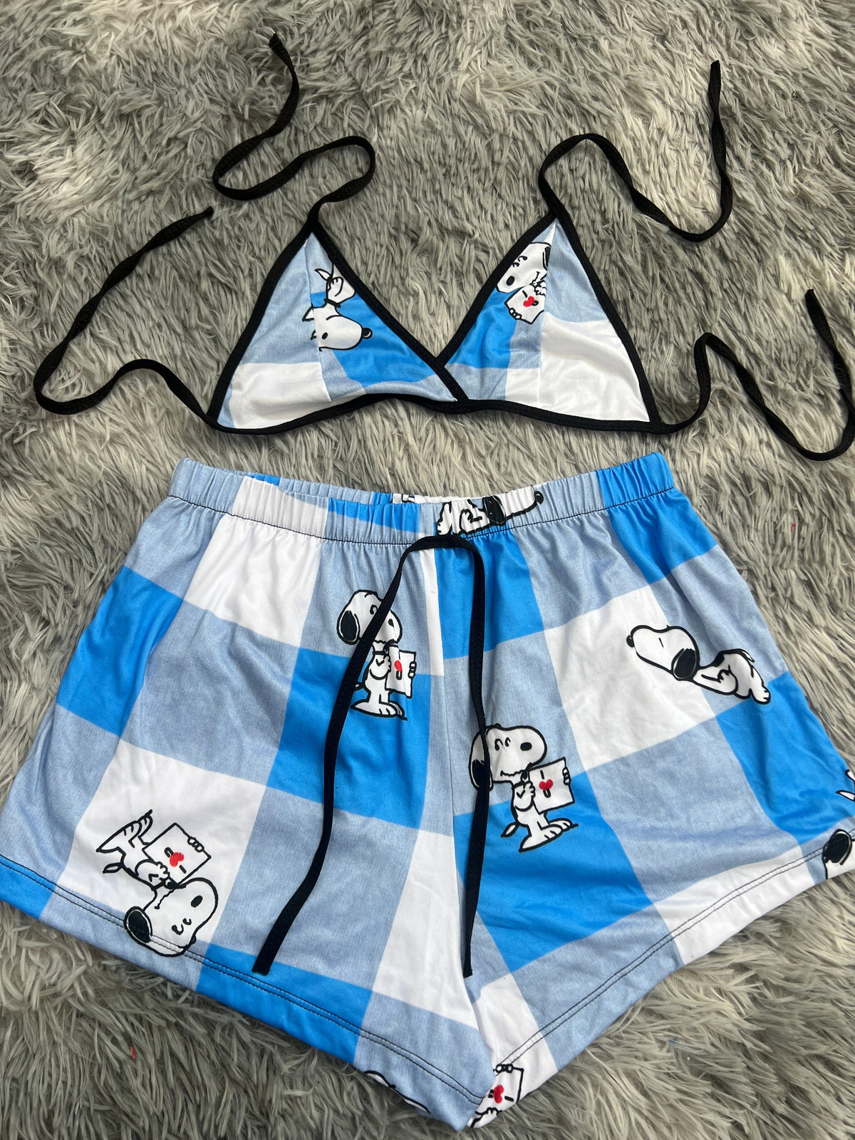 Snoopy Background Plaid Blue And White Matching Top & Short