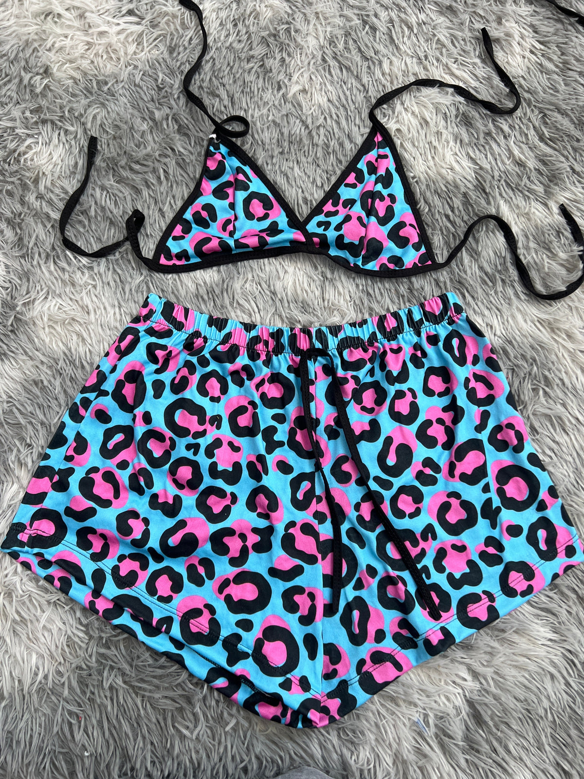 Animal Print Pink & Black Blue Background Matching Top & Short