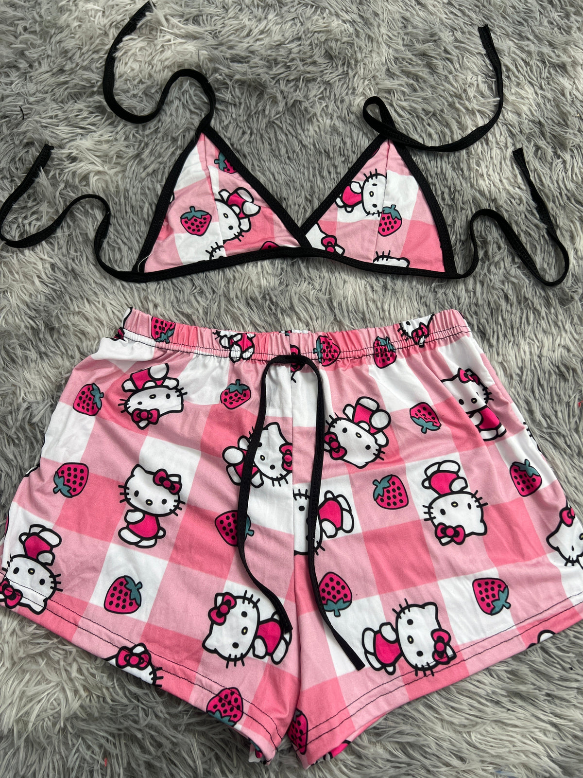 Hello Kitty Plaid Pink And White With Strawberry Matching Top & Short