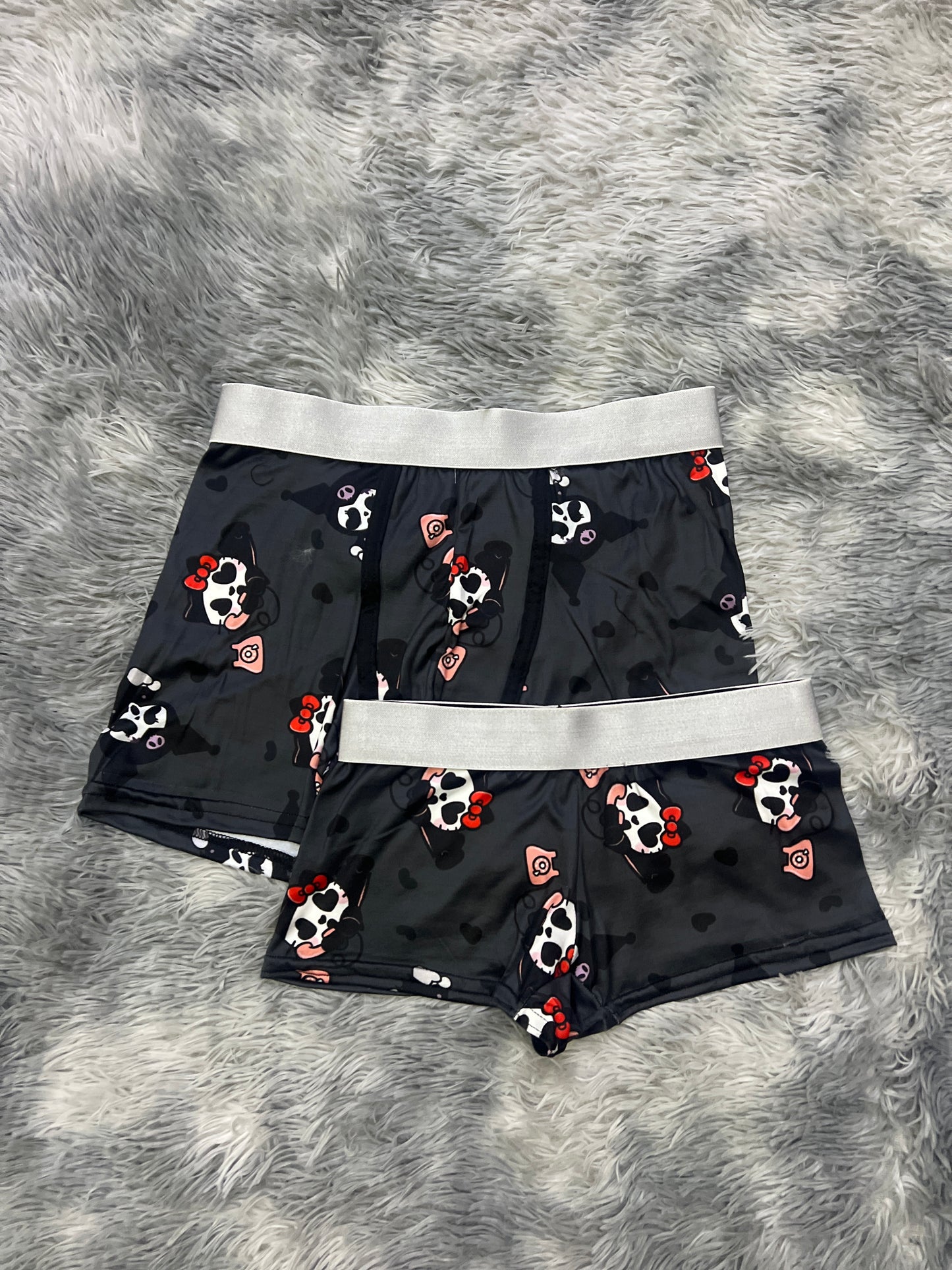 Kitty And Kuromi heart eyes dressed in screem gray background matching couples boxer underwear Halloween