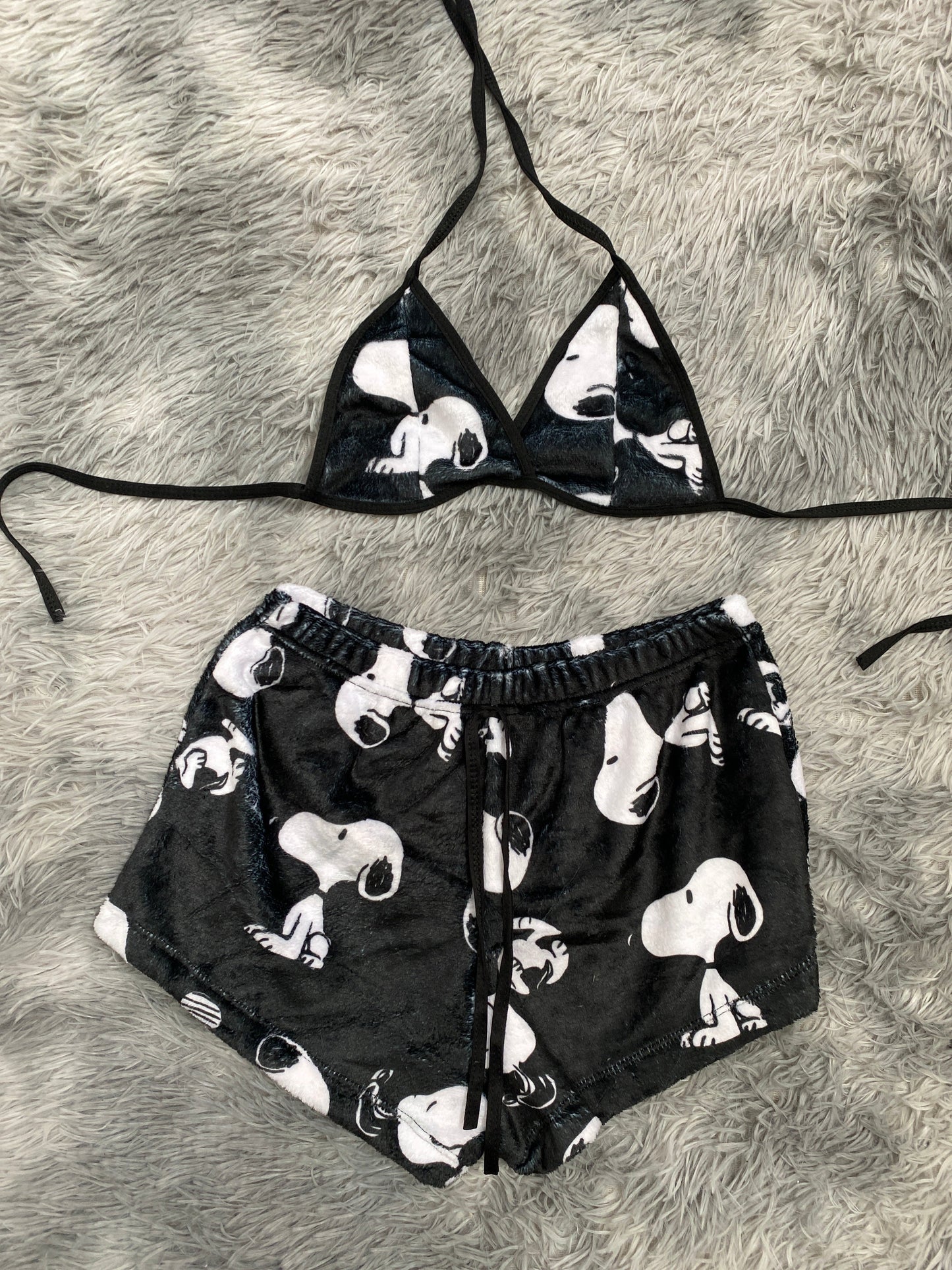 Snoopy Faces Black Plush Top & Shorts Set