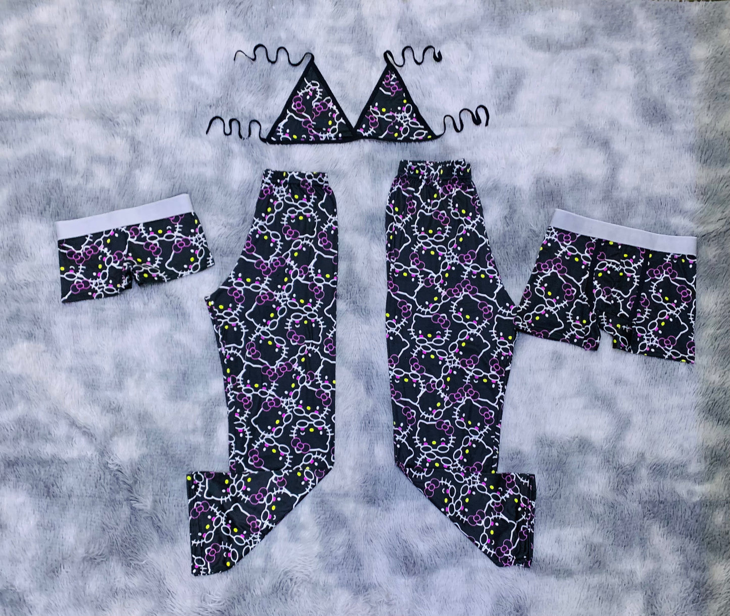Hello Kitty faces black Print 5 piece pajama set For Couples ๐ป๐