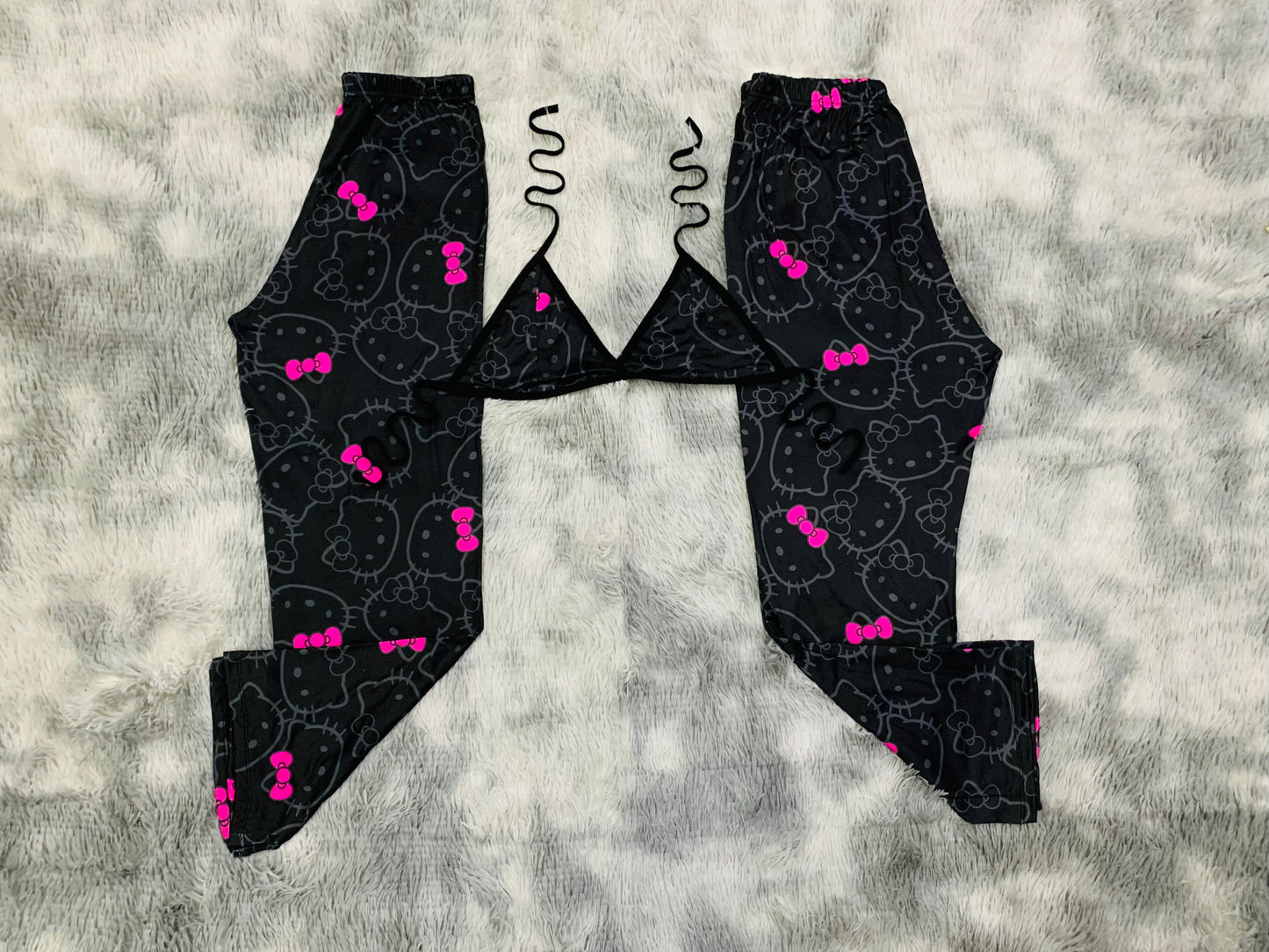Hello Kitty pink bow black background plush pajama duo