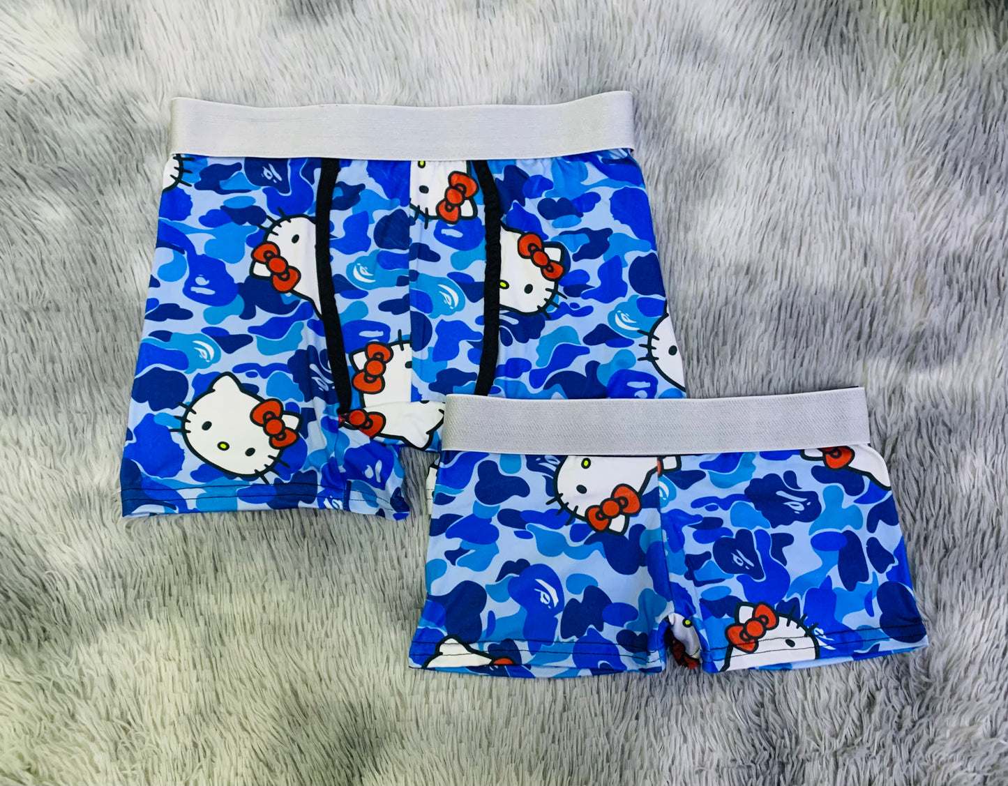 Kitty camouflage blue background matching couples boxer underwear