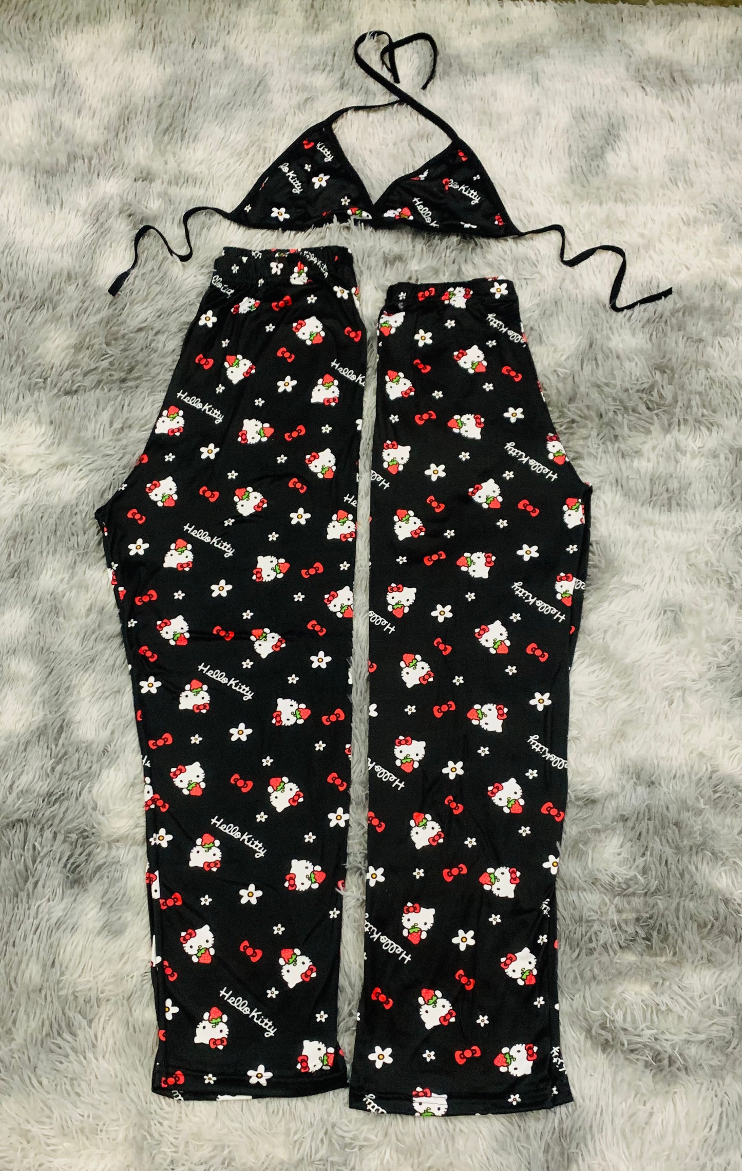Strawberry Kitty Black Background Plush pajama duo
