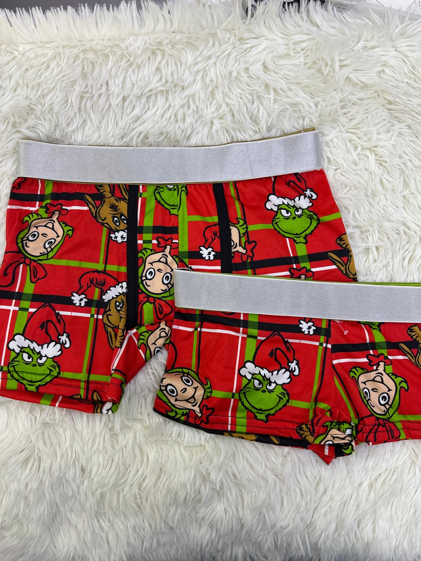 Grinch red squares christmas matching couples boxer underwear