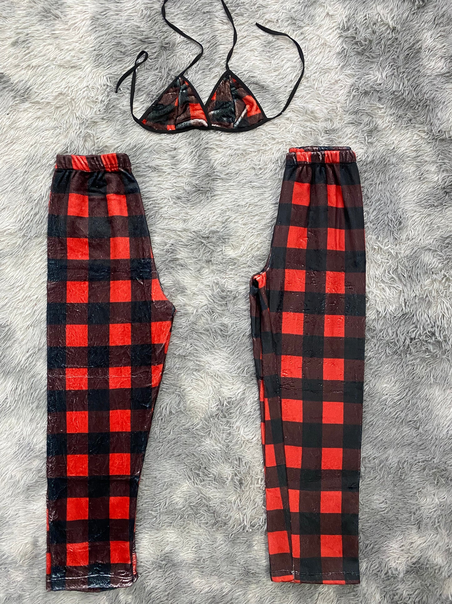 Red & Black Plaid Plush Matching Pajama Set for Couples