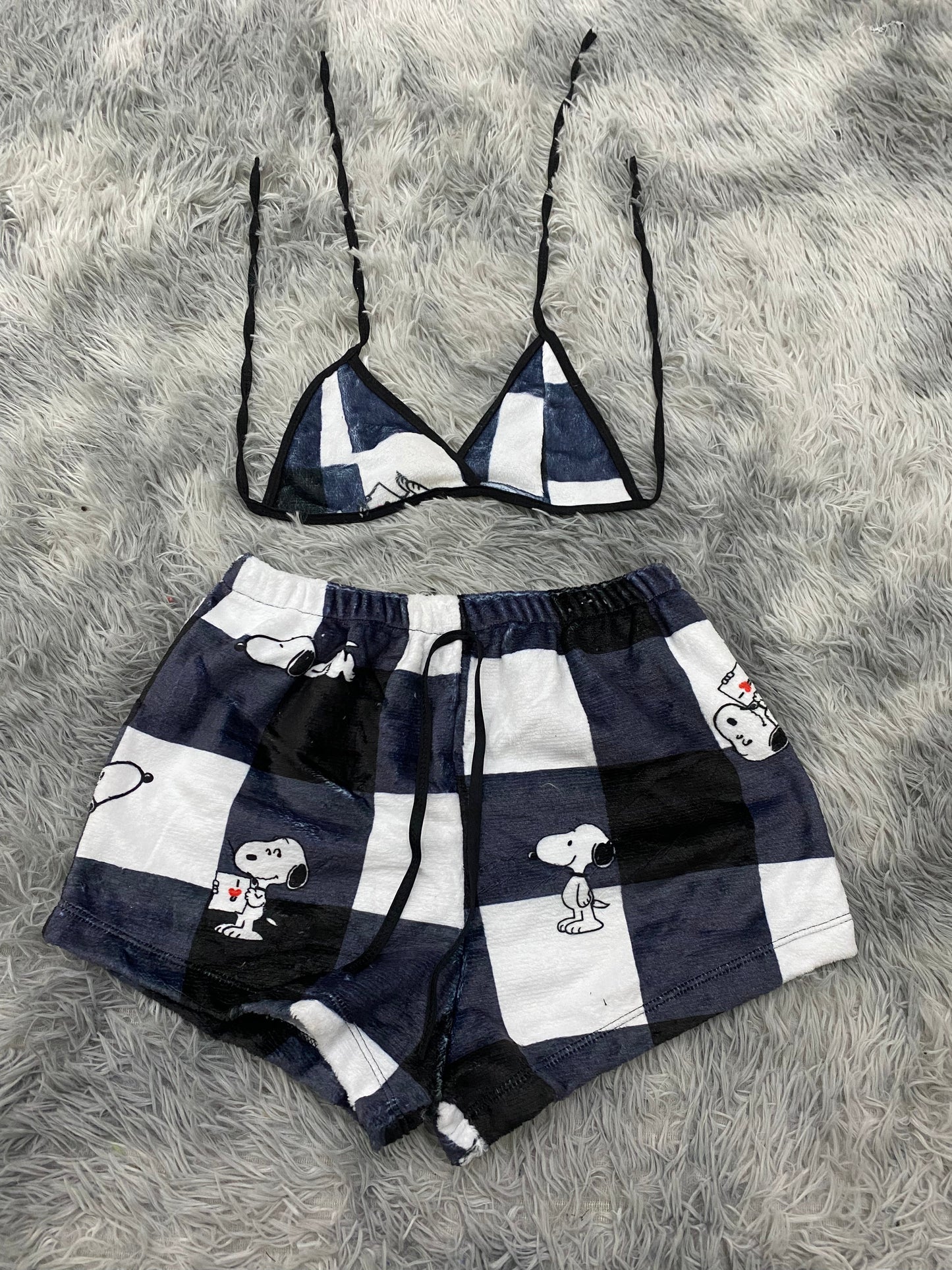 Snoopy Black & White Plaid Plush Top & Shorts Set