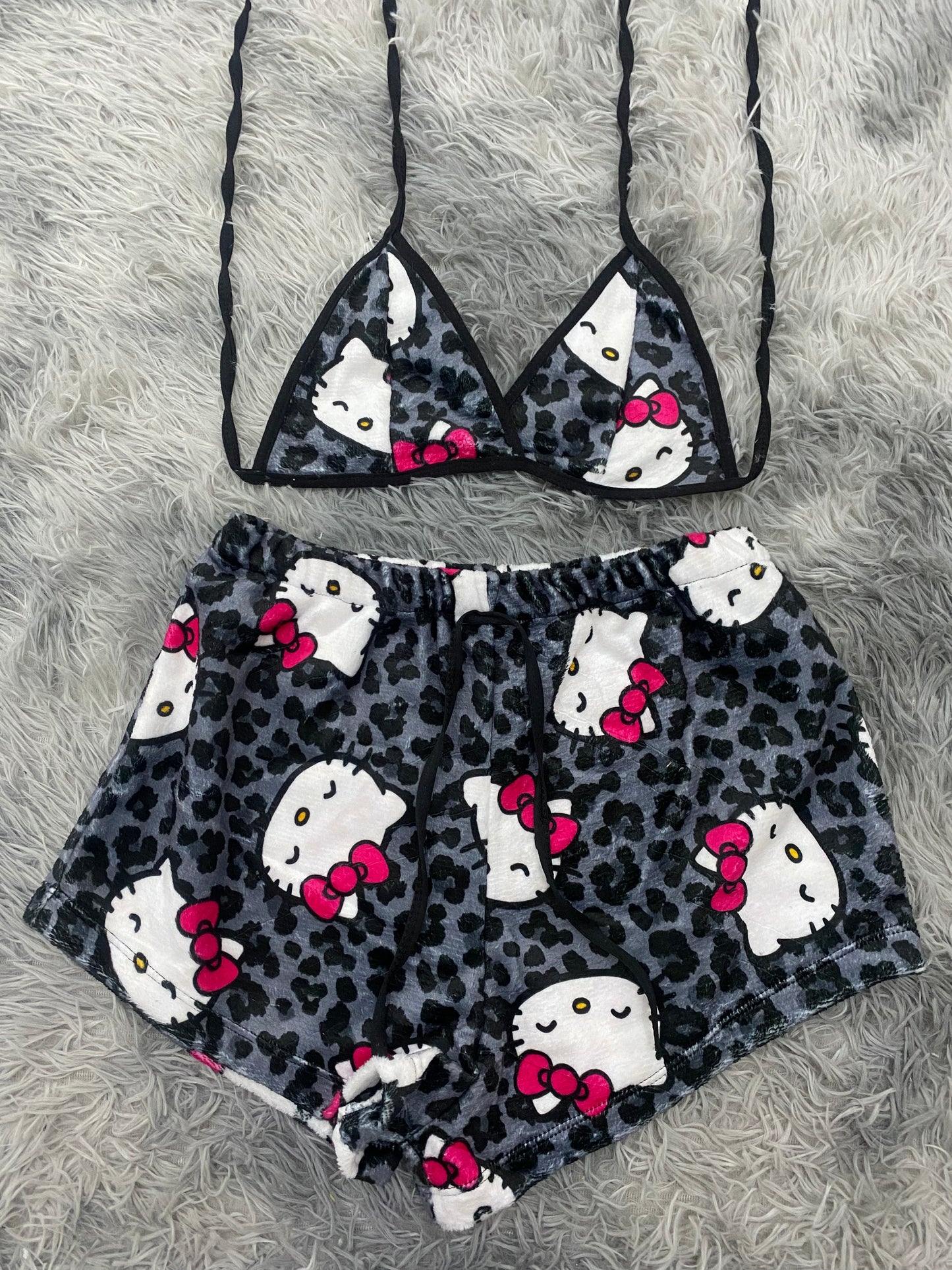 Hello Kitty Animal Print Gray Plush Top & Shorts Set