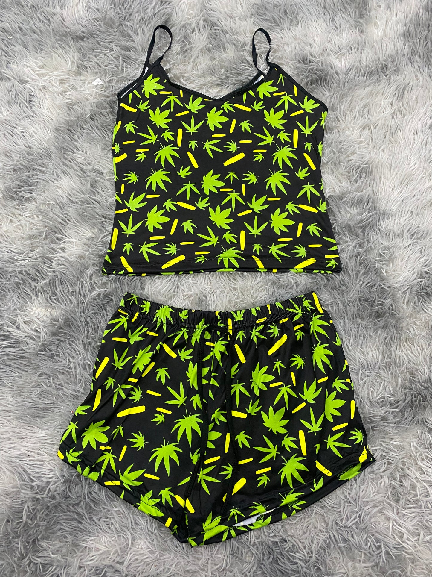 Weed & Yellow Pajama Top & Shorts Set