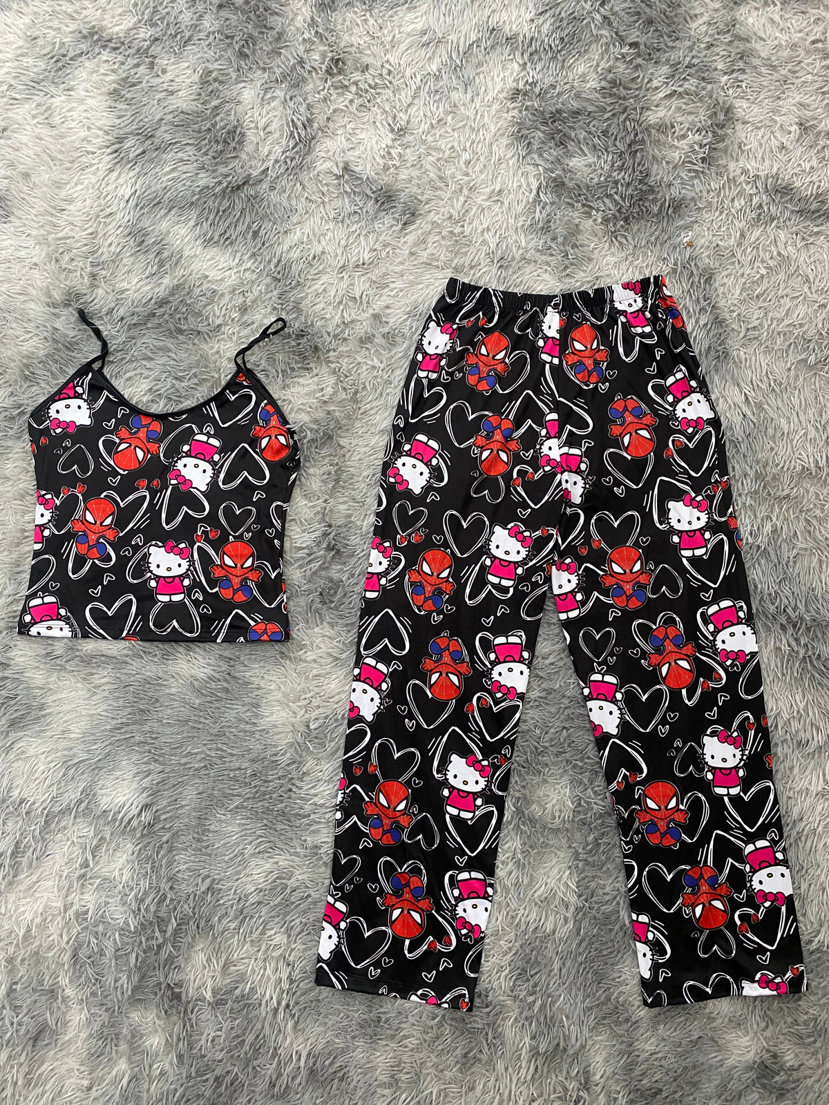 Spider Kitty Hearts Background Black Women's Pajama Set