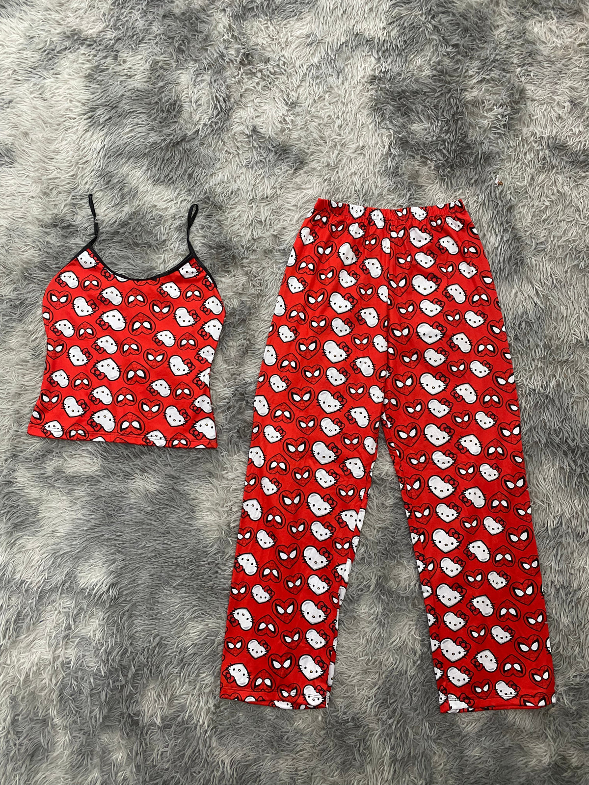 Spider Kitty Hearts Background Red Women's Pajama Set