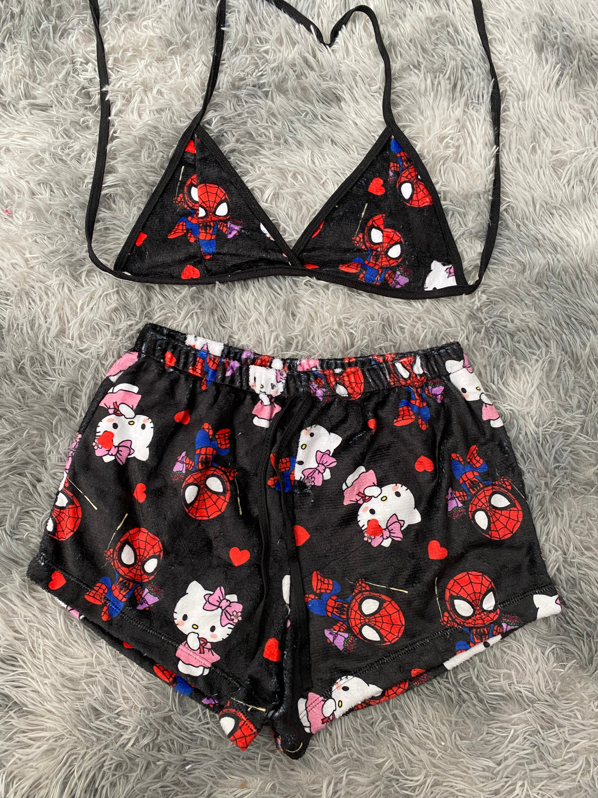 Spider Kitty Black Background Matching Top & Short