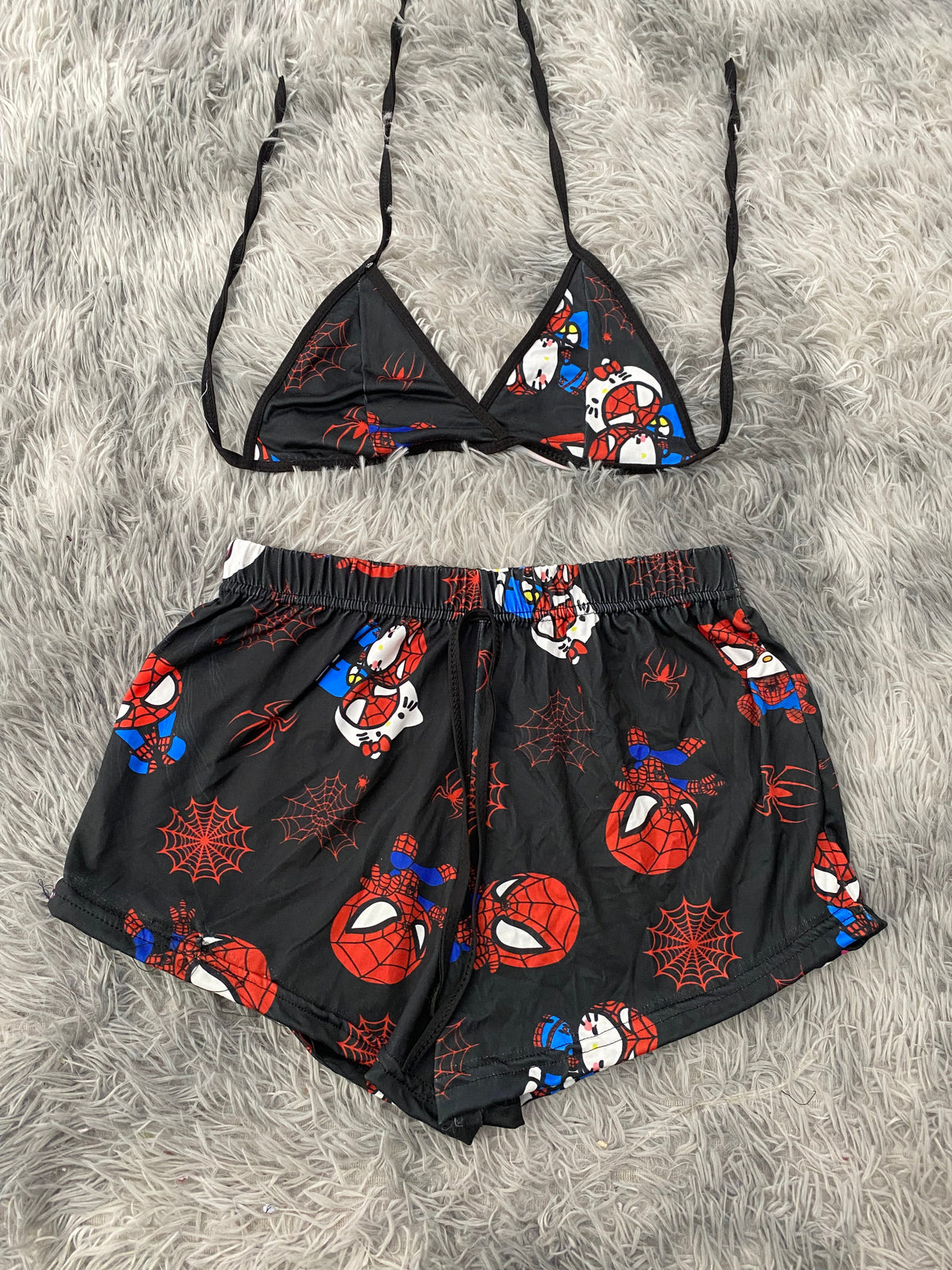 SpiderKitty Webs Red Black Background Top And Short PJs