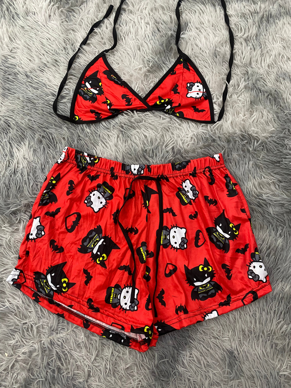 Kitty & Bat Man Red Background Matching Top & Short