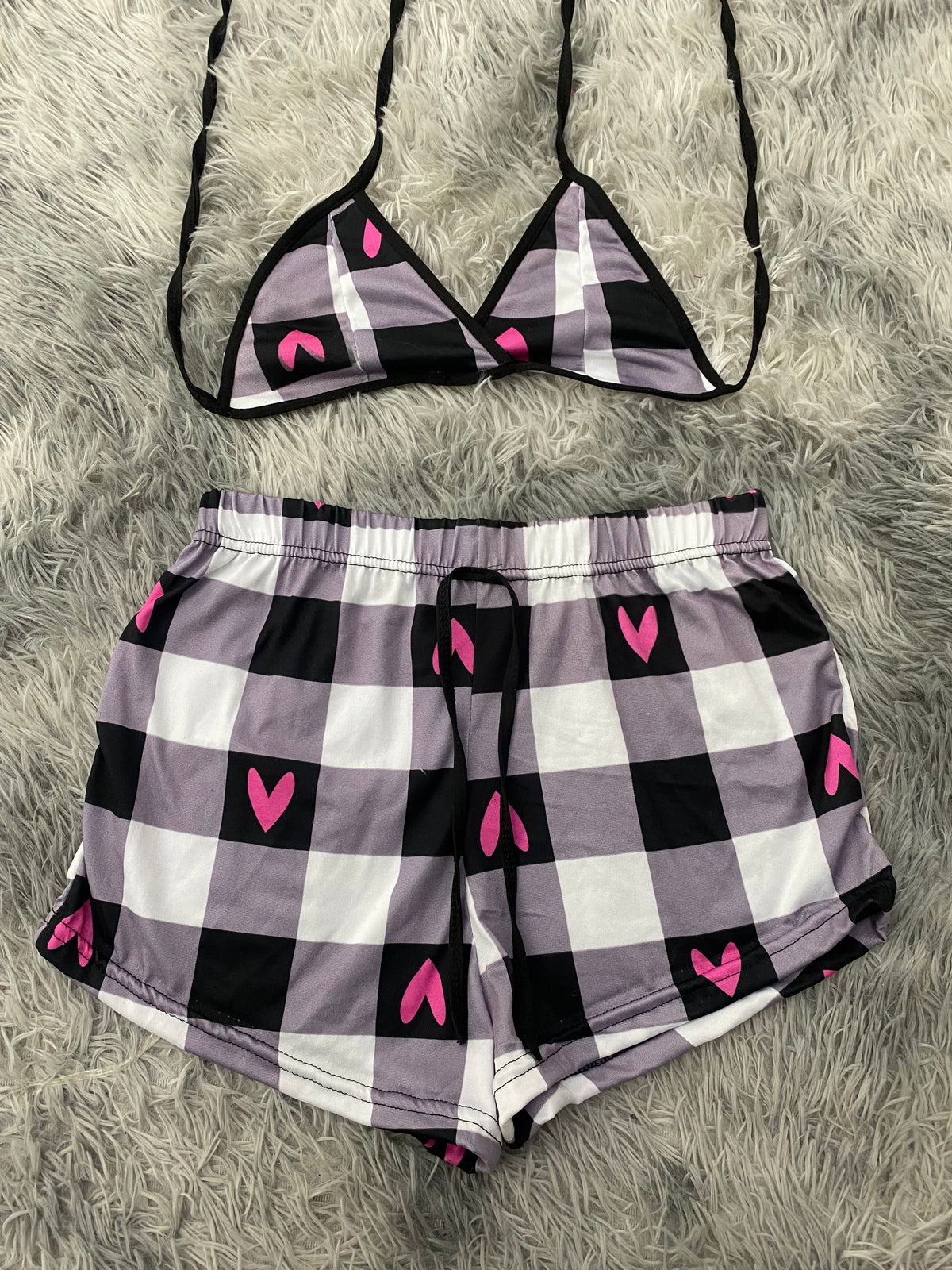 Plaid Black & Gray With Hearts Matching Top & Short