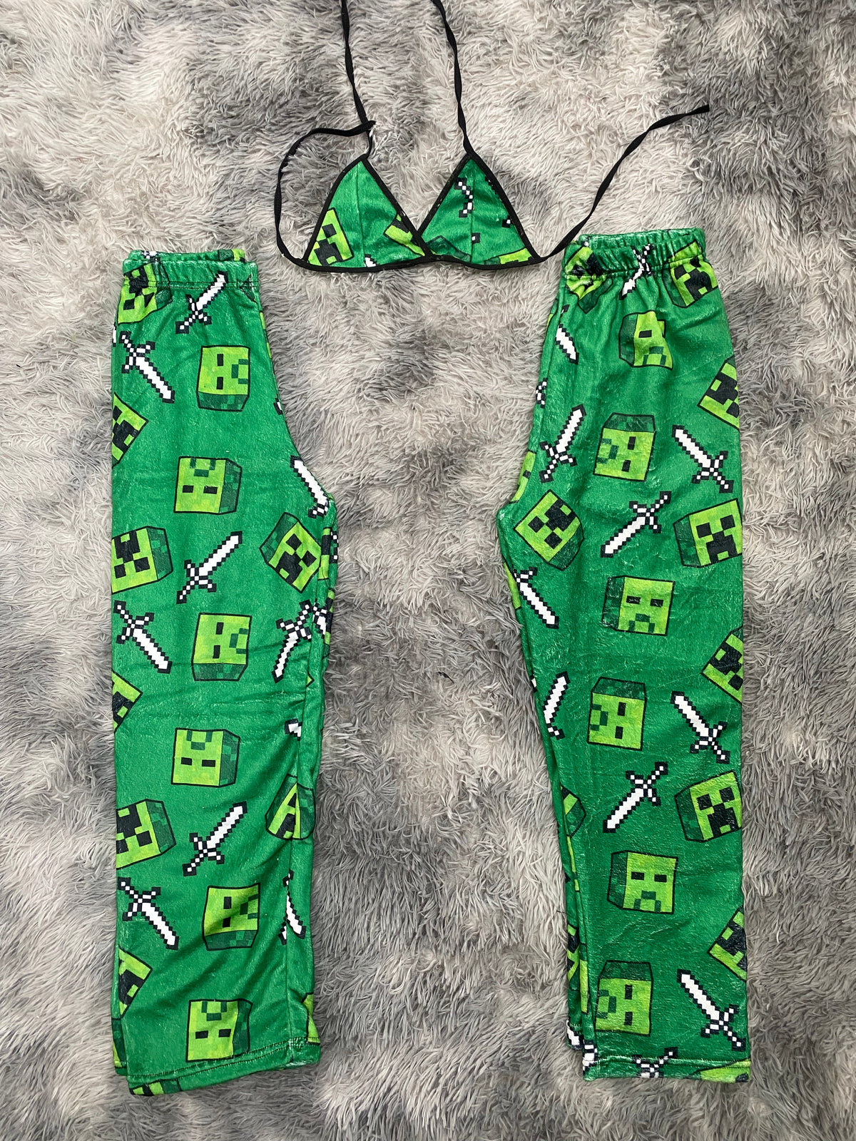 Creeper & Swords Green Background Matching Plushie PJs