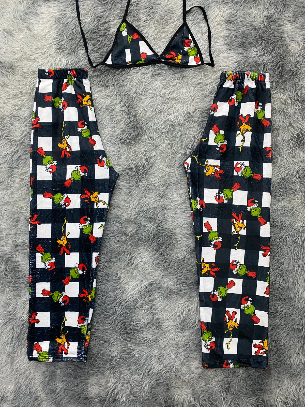 Grinch Max Plaid White & Black Matching Plush PJs