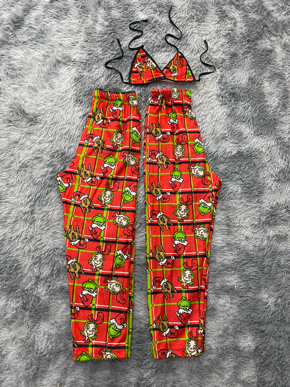 Grinch Dog Lines Green & Red Matching Plush PJs
