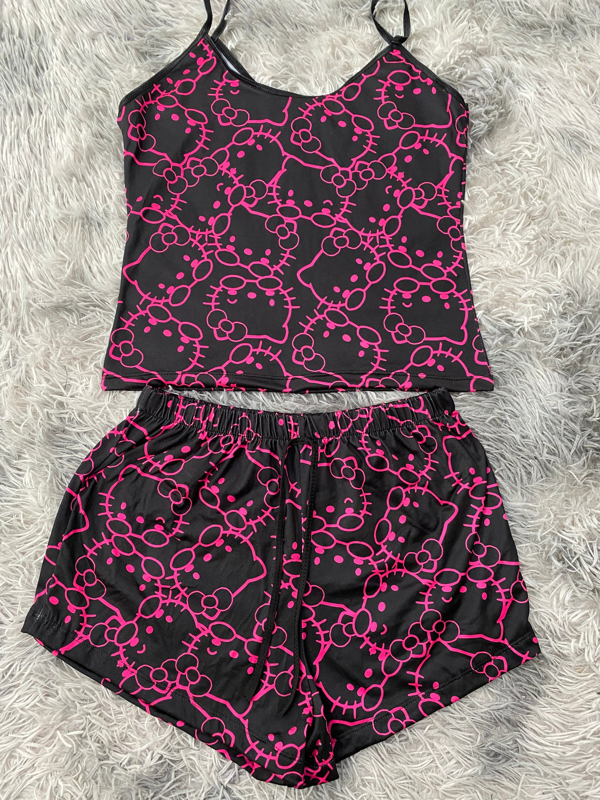 Kitty Faces Pink Black Background Women's PJ Set - Shorts