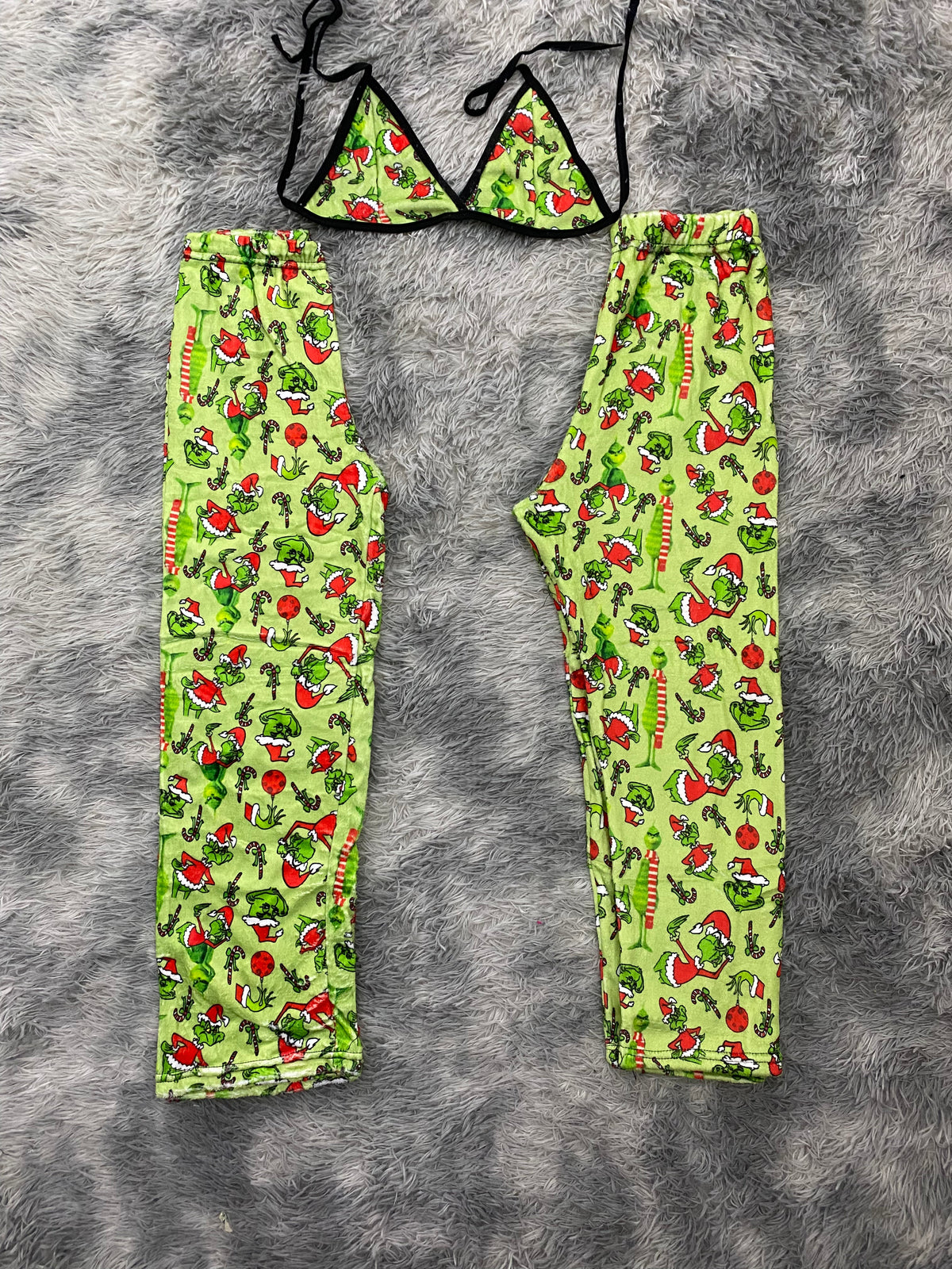Grinch Cartoon Green Background Matching Plush PJs