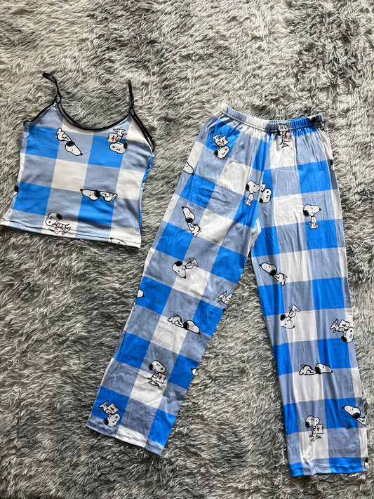 Snoopy blue and white checkered pattern blouse and trousers