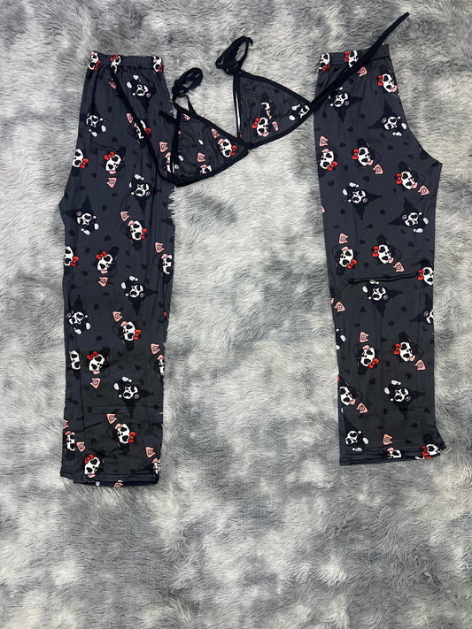 Kitty And Kuromi heart eyes dressed in screem gray background Halloween Plush pajama duo