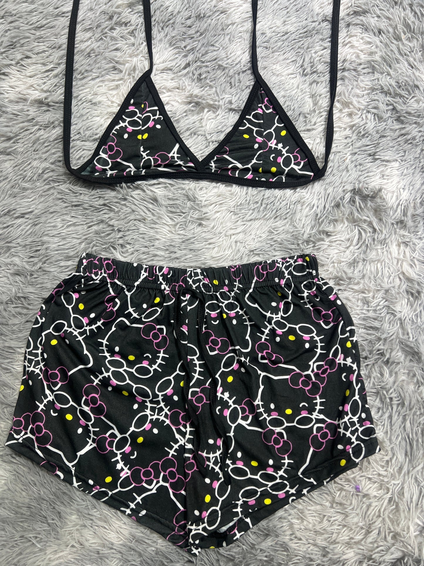 Hello Kitty Black With Pink And Yellow Brush Matching Top & Short - Fundies