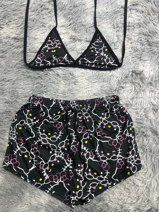 Hello Kitty Black With Pink And Yellow Brush Matching Top & Short - Fundies