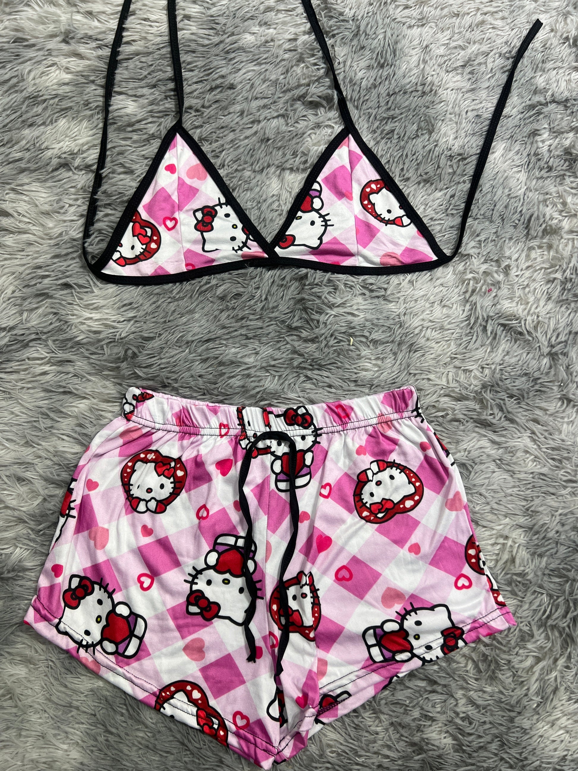 Hello Kitty Plaid Pink And Hearts Red Brush Matching Top & Short - Fundies