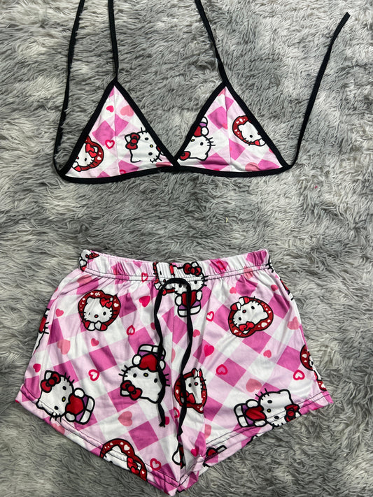 Hello Kitty Plaid Pink And Hearts Red Brush Matching Top & Short - Fundies