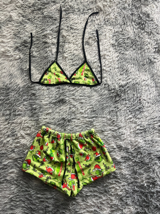 The Grinch Christmas Background Green Matching Top & Short - Fundies
