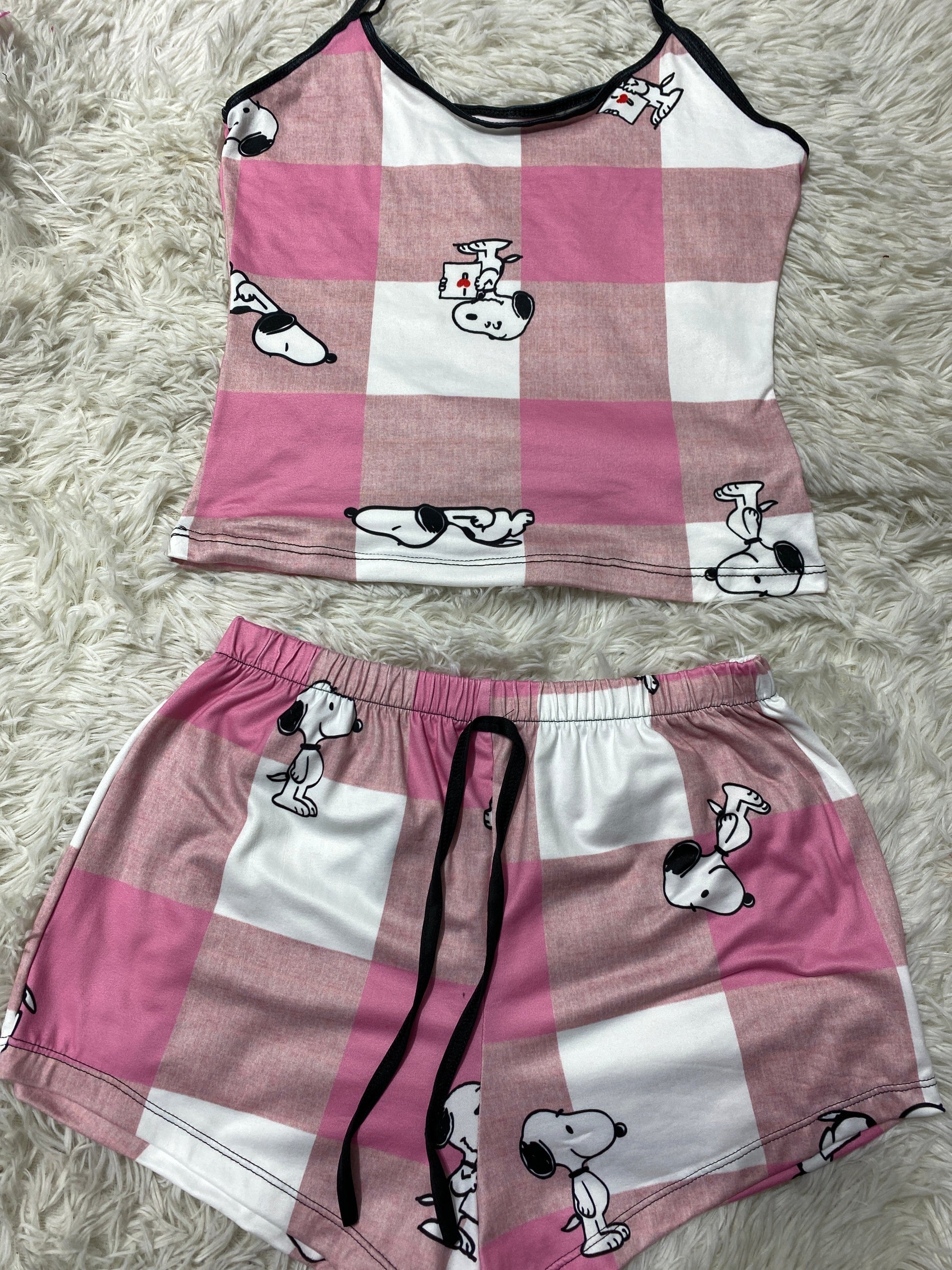 Snoopy Plaid Pink And White Women's Pajama Set - Fundies