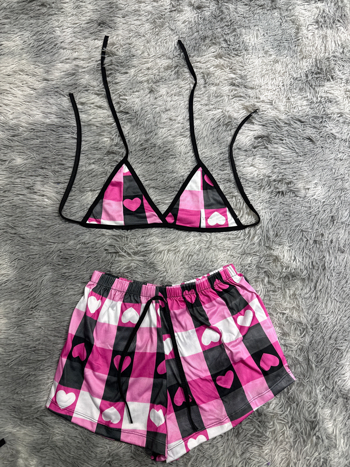 Plaid And Hearts Pink With Black Matching Top & Short