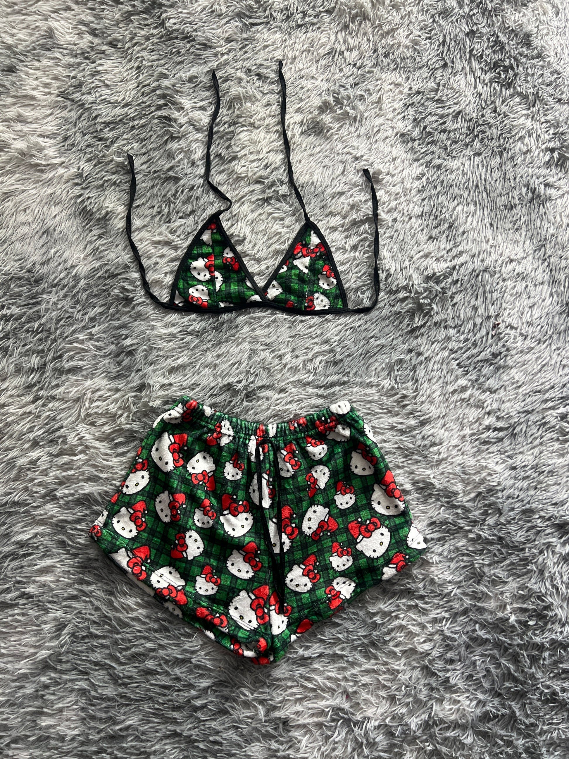 Hello Kitty Christmas Background Green With Black Plaid Matching Top & Short - Fundies