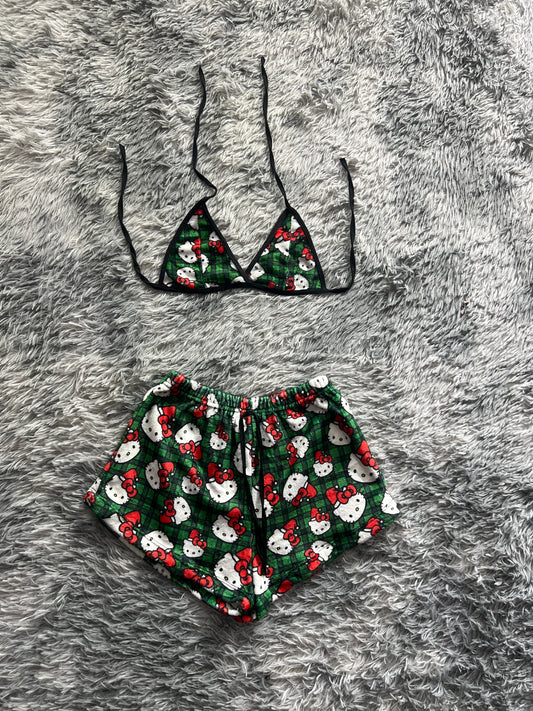 Hello Kitty Christmas Background Green With Black Plaid Matching Top & Short - Fundies