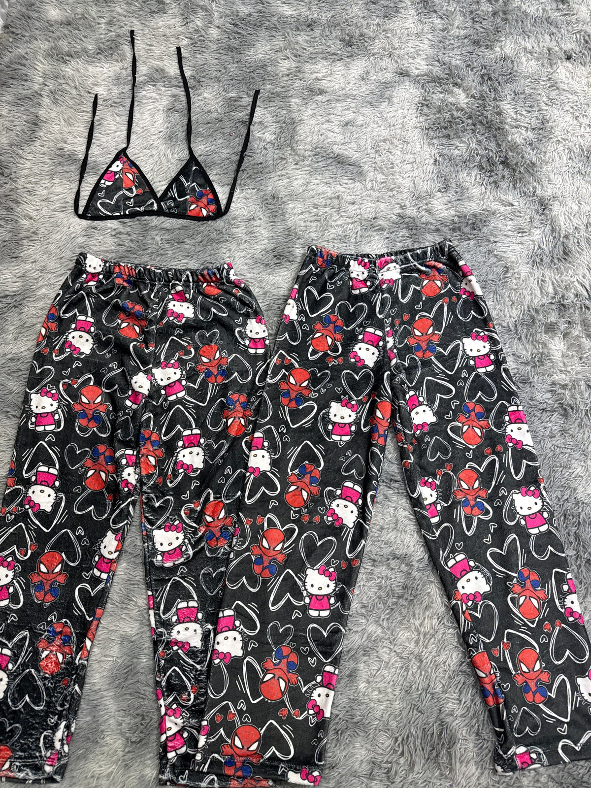 SpiderKitty Black With Hearts White Matching Plushie PJs